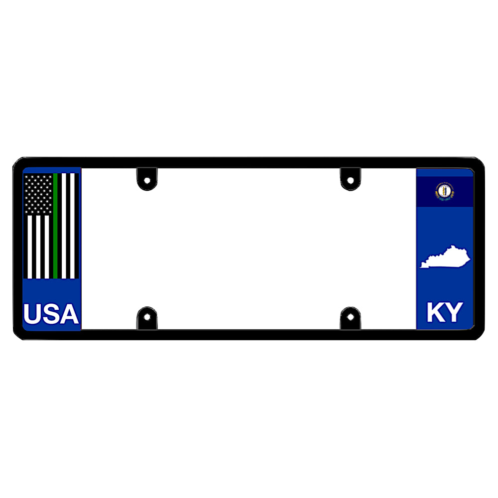 Kentucky license plate frame by DFS featuring a patented elongated design with a thin green and blue line USA flag on the left wing, and the Kentucky state flag, KY text, and Kentucky map outline on the right