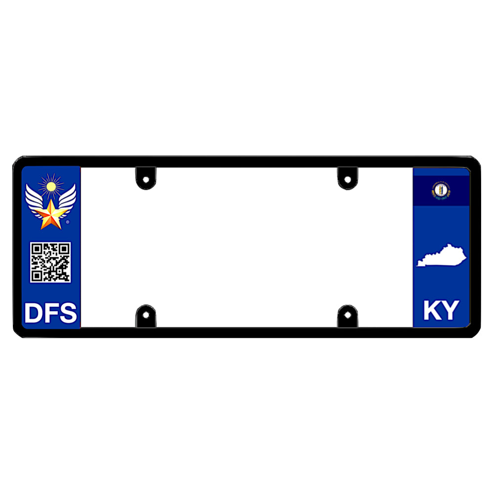 Kentucky official license plate frame from America by DFS featuring a patented elongated design with the official DFS logo, a scannable QR code, and DFS text on the left wing, and the Kentucky state flag, KY text, and Kentucky map outline on the right