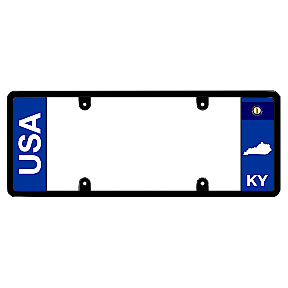Kentucky license plate frame by DFS featuring a patented elongated design with large vertical USA text on the blue left wing, and the Kentucky state flag, KY text, and Kentucky map outline on the right