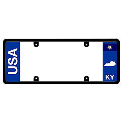 Kentucky license plate frame by DFS featuring a patented elongated design with large vertical USA text on the blue left wing, and the Kentucky state flag, KY text, and Kentucky map outline on the right