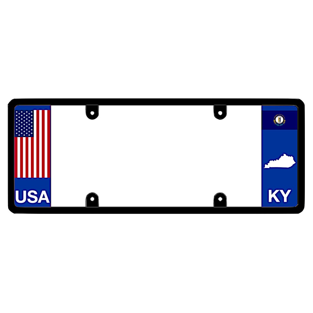 Kentucky license plate frame by DFS featuring a patented elongated design with a full-color USA flag on the left wing, and the Kentucky state flag, KY text, and Kentucky map outline on the right