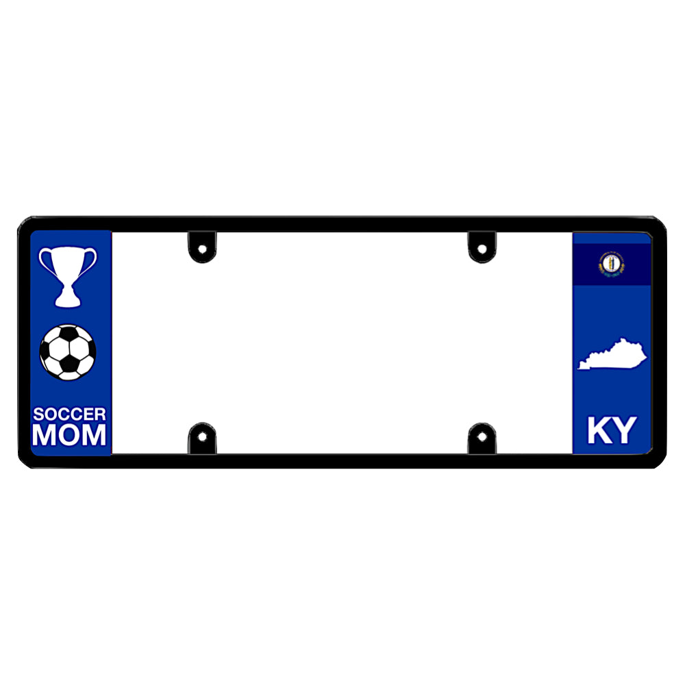 Kentucky license plate frame by DFS featuring a patented elongated design with a soccer ball, trophy, and "SOCCER MOM" text on the left wing, and the Kentucky state flag, KY text, and Kentucky map outline on the right