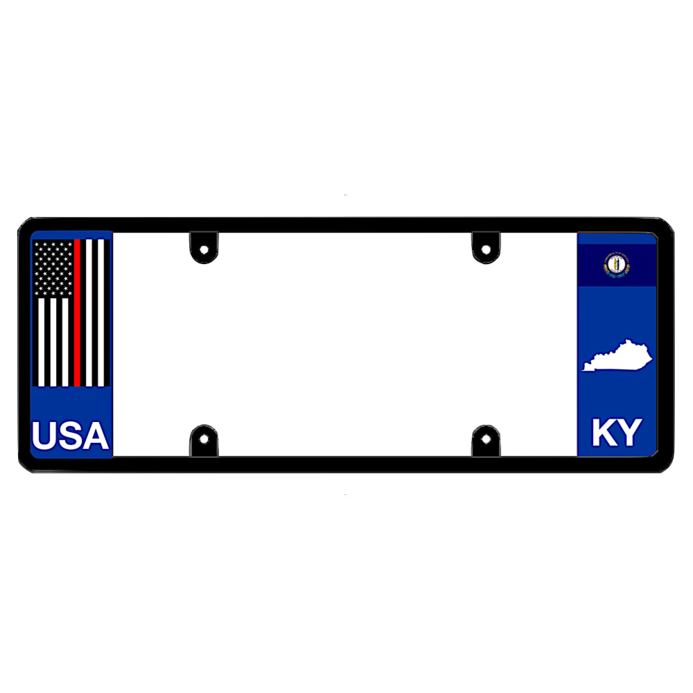 Kentucky license plate frame by DFS featuring a patented elongated design with a thin red line USA flag on the left wing, and the Kentucky state flag, KY text, and Kentucky map outline on the right