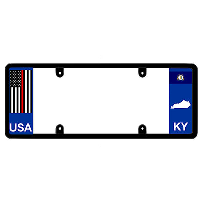 Kentucky license plate frame by DFS featuring a patented elongated design with a thin red line USA flag on the left wing, and the Kentucky state flag, KY text, and Kentucky map outline on the right