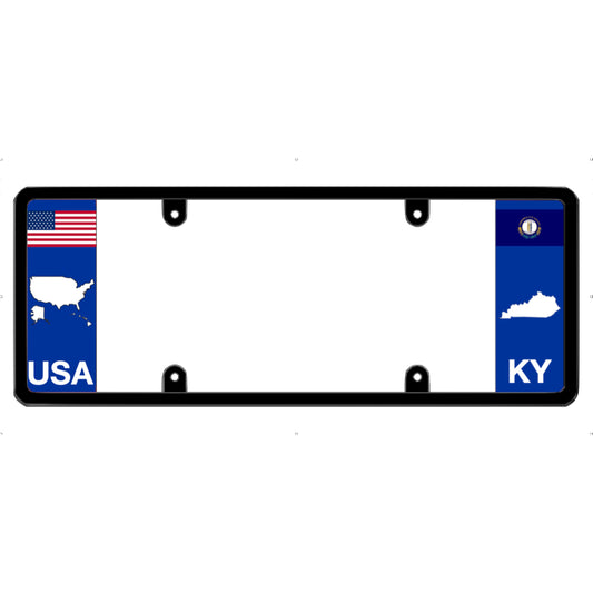 License plate frame with USA and Kentucky designs on a white background