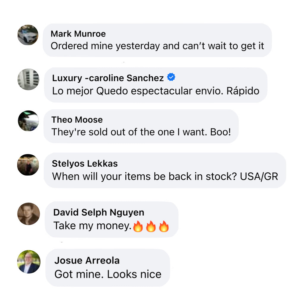 A screenshot of a customer chat or messaging thread on a white background, showing multiple user messages with profile pictures and text such as 'Ordered mine yesterday and can't wait to get it,' 'They're sold out of the one I want. Boo!', and 'Got mine.