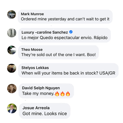 A screenshot of a customer chat or messaging thread on a white background, showing multiple user messages with profile pictures and text such as 'Ordered mine yesterday and can't wait to get it,' 'They're sold out of the one I want. Boo!', and 'Got mine.