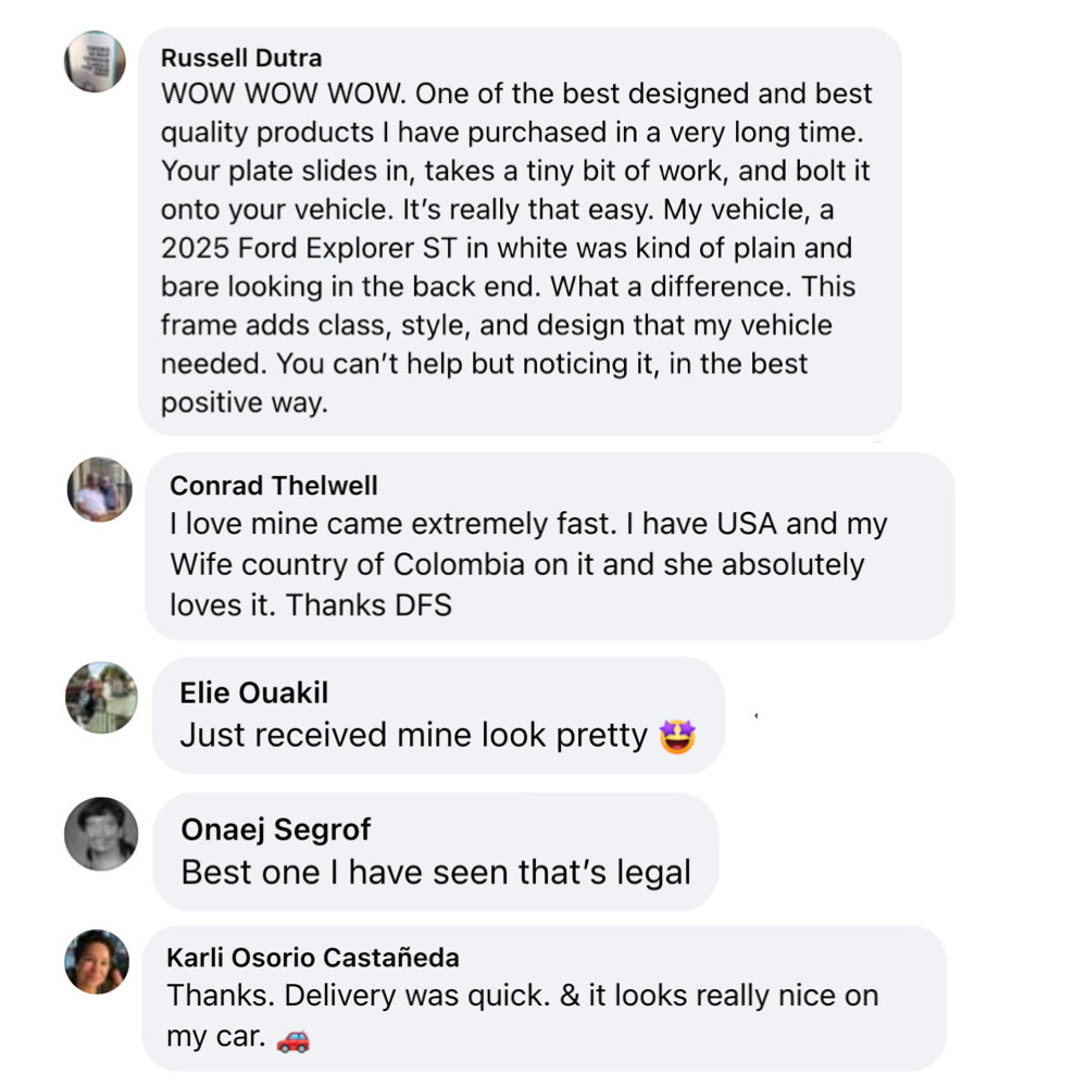 Social media true reviews of the DFS  license plate frame patented.