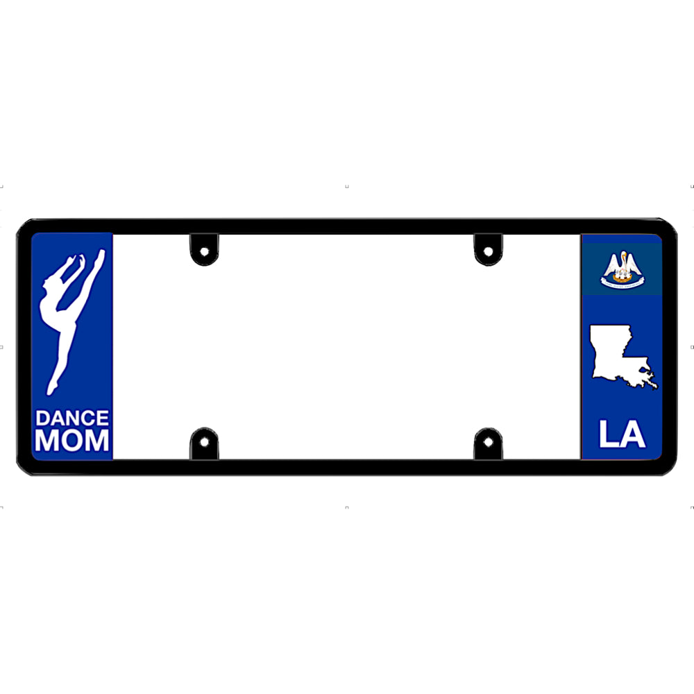 License plate frame with 'Dance Mom' and Louisiana state symbols on a white background