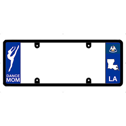 License plate frame with 'Dance Mom' and Louisiana state symbols on a white background