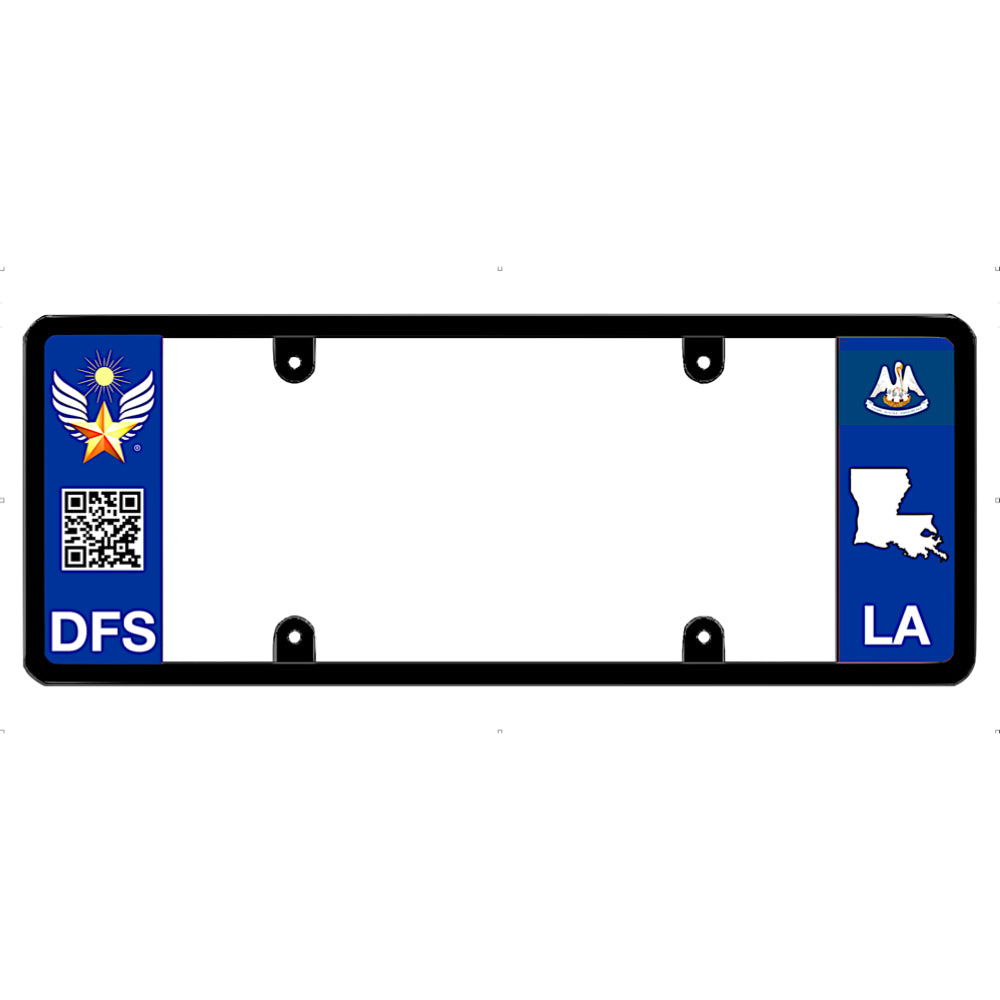 License plate frame with Louisiana state symbols and DFS logo on a white background