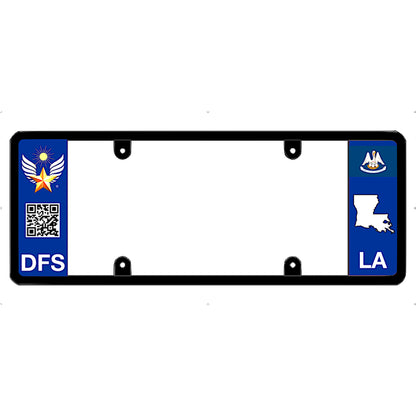 License plate frame with Louisiana state symbols and DFS logo on a white background