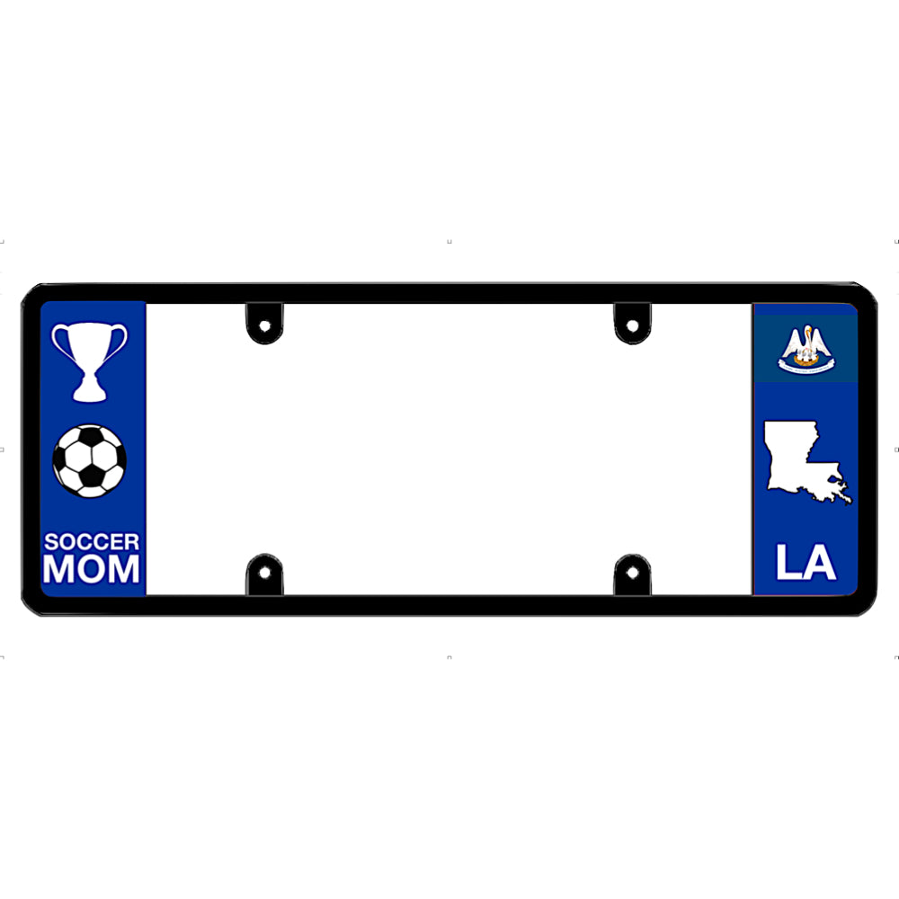 License plate frame with soccer mom design and Louisiana state symbols on a white background