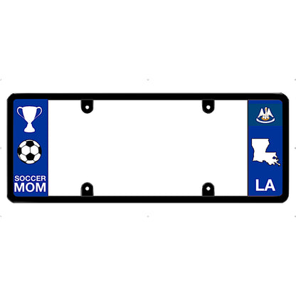 License plate frame with soccer mom design and Louisiana state symbols on a white background