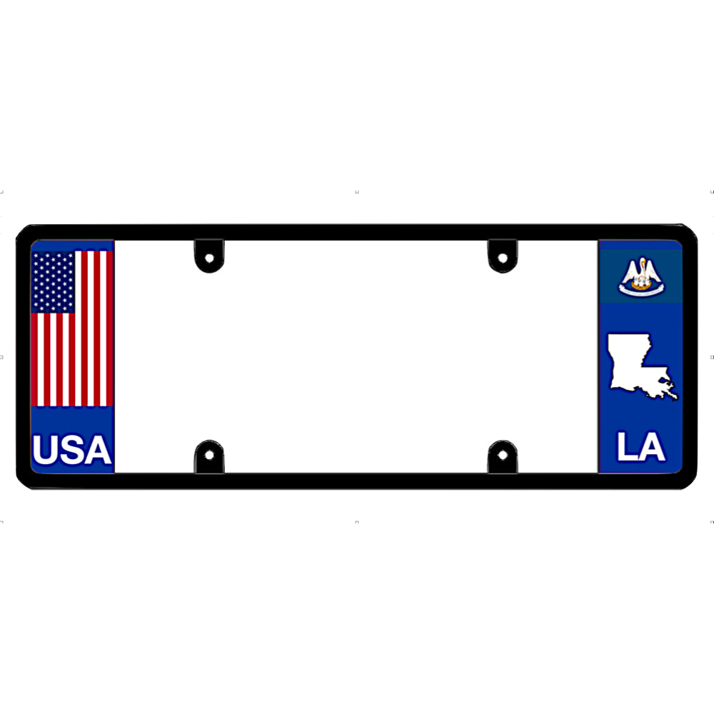 License plate frame with USA and Louisiana state symbols on a white background