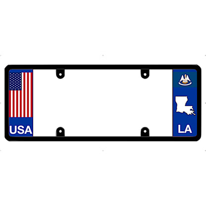 License plate frame with USA and Louisiana state symbols on a white background