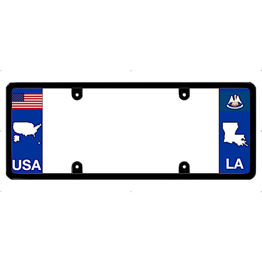 License plate frame with USA and Louisiana (LA) designs on a white background