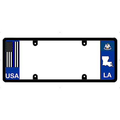 Thin blue line license plate frame with USA and Louisiana (LA) symbols on a white background