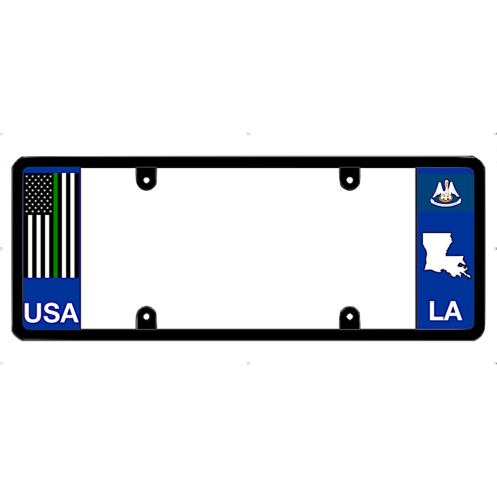 Thin green line license plate frame with USA and Louisiana symbols on a white background