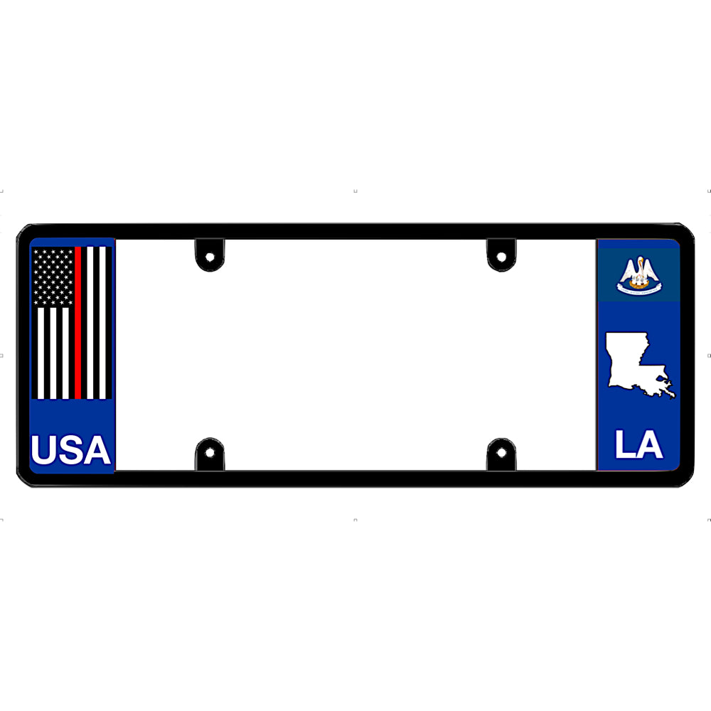 Thin red line license plate frame with USA and Louisiana (LA) designs on a white background