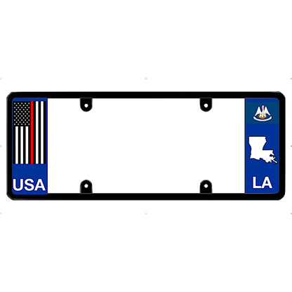 Thin red line license plate frame with USA and Louisiana (LA) designs on a white background