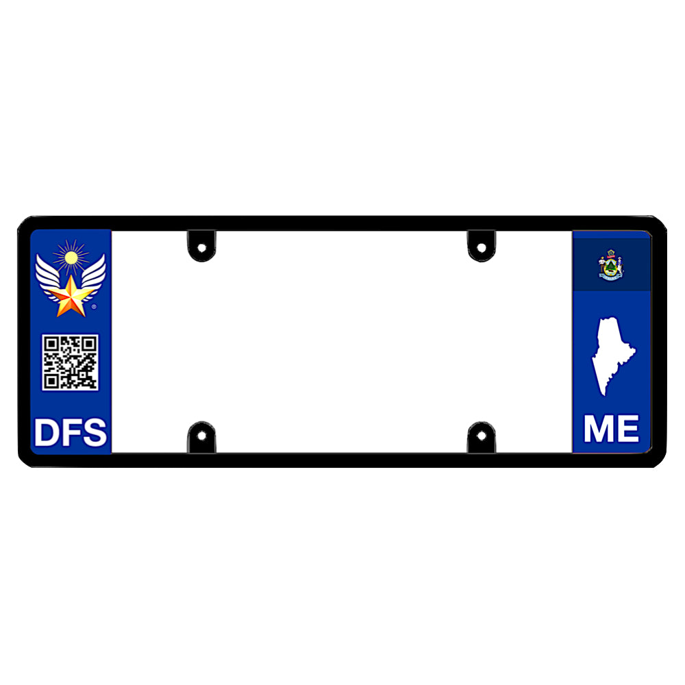 Official DFS Brands patented Maine license plate frame with a scan QR code and a blue ME logo side wing.
