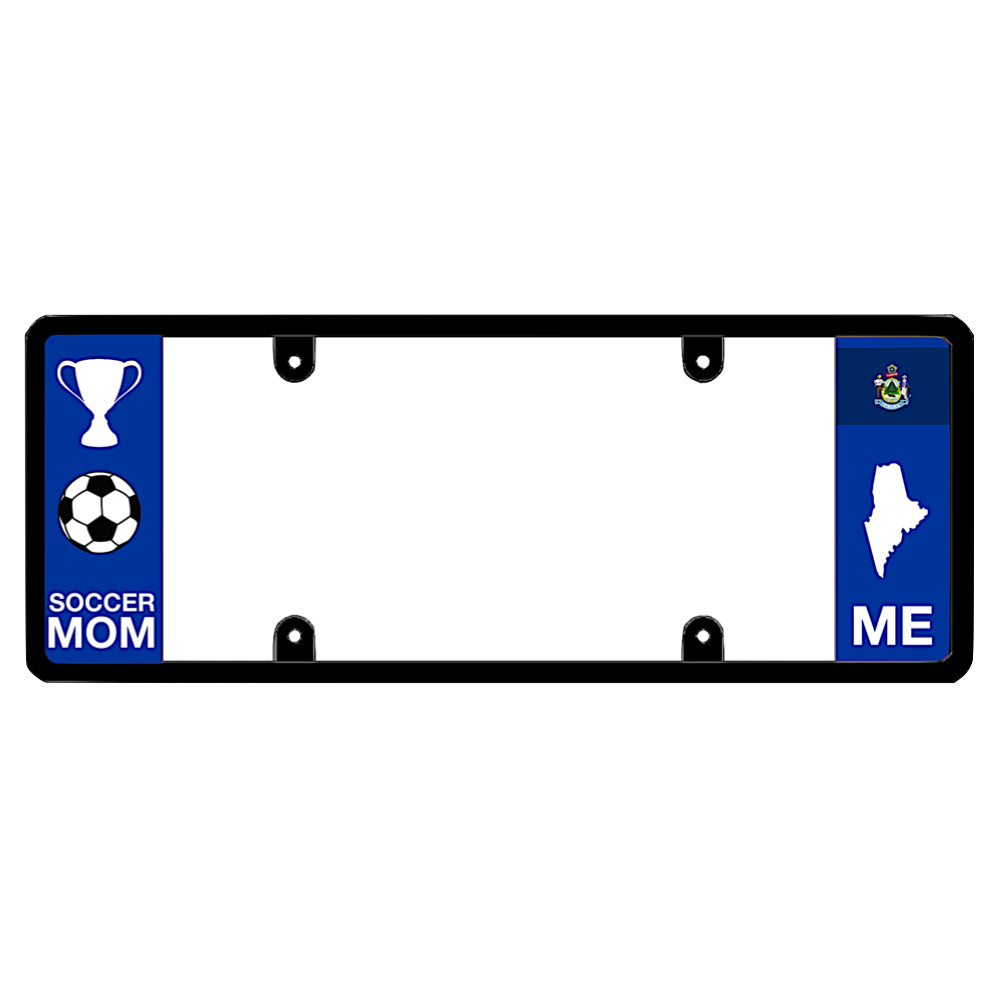 A black elongated Maine license plate frame featuring a soccer mom theme and a blue ME side panel by DFS Brands.