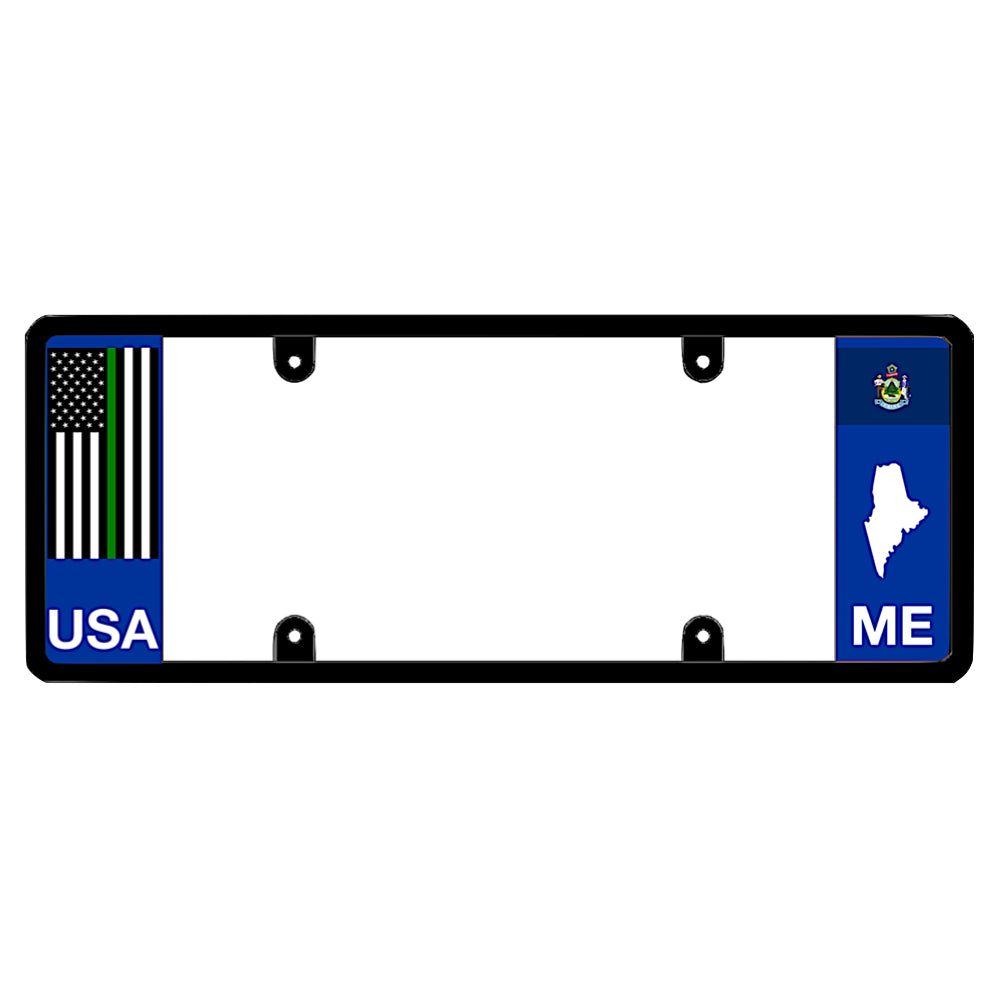 A black elongated Maine license plate holder with a tactical thin green line flag and printed ME graphics by DFS Brands.