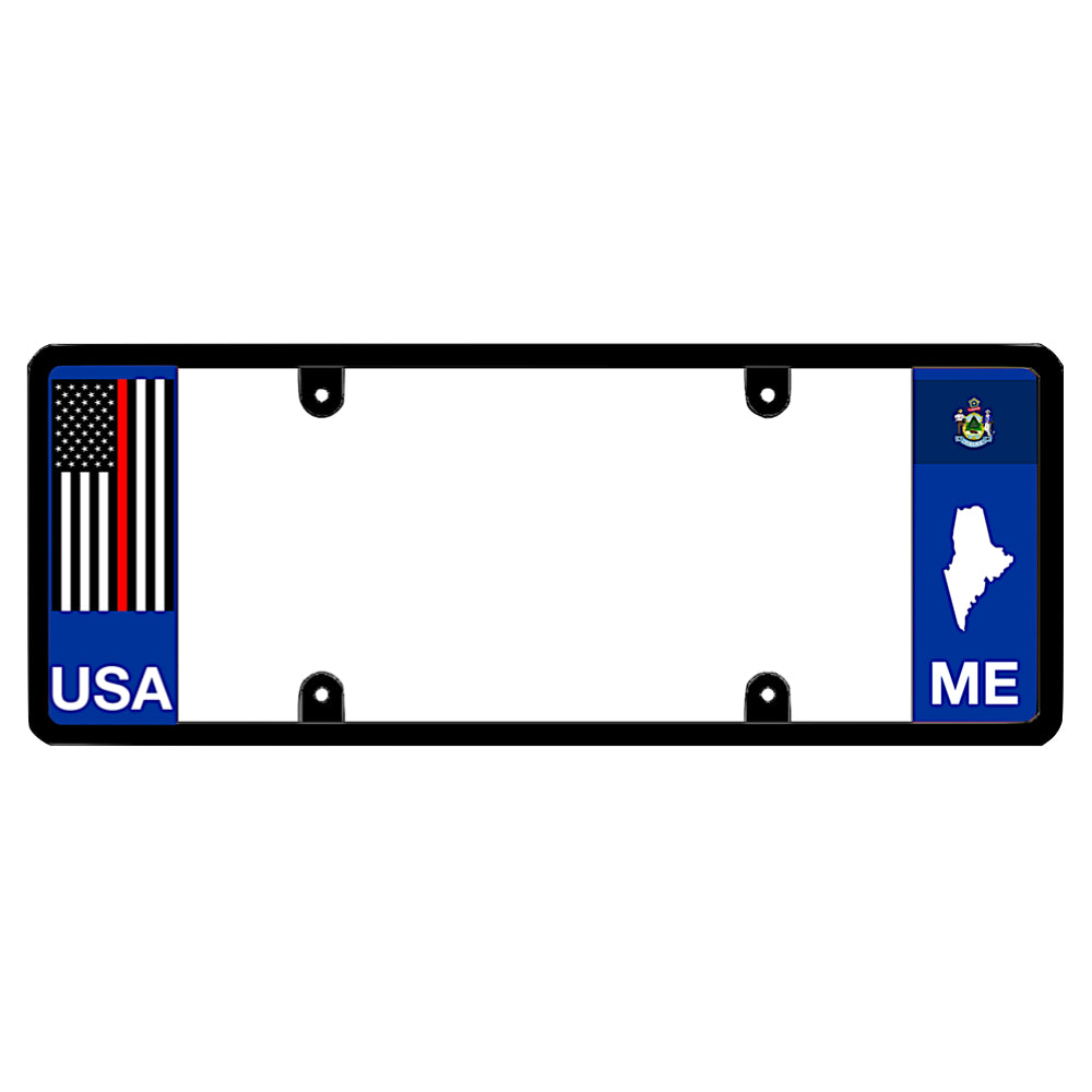 A black elongated Maine license plate frame featuring a thin red line firefighter flag and blue ME text panel by DFS Brands.