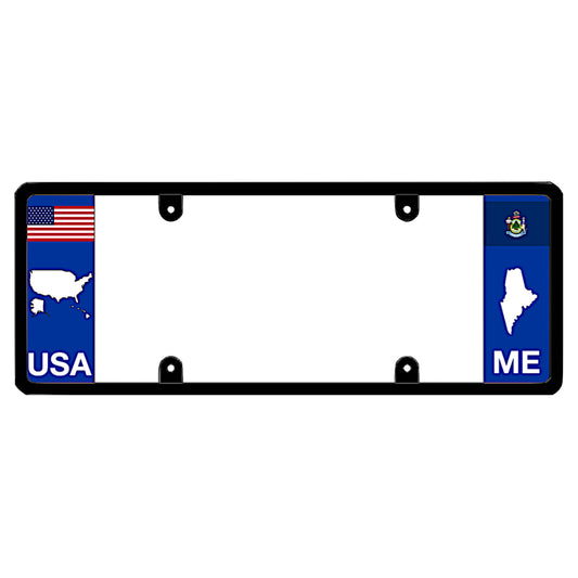 Maine license plate frame with USA and ME state flags designs on a white background