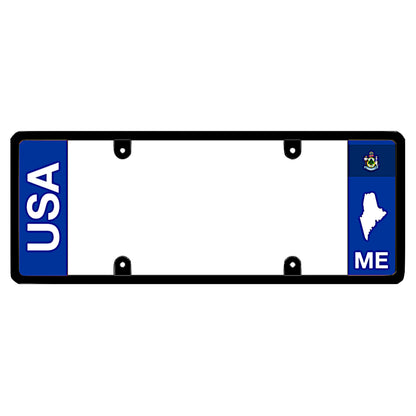 A black elongated Maine license plate frame featuring clean bold vertical USA and ME text panels by DFS Brands.