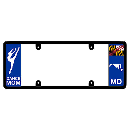 Maryland license plate frame by DFS featuring a patented elongated design with a dancer silhouette and "DANCE MOM" text on the left wing, alongside the Maryland state flag, MD text, and Maryland map outline on the right