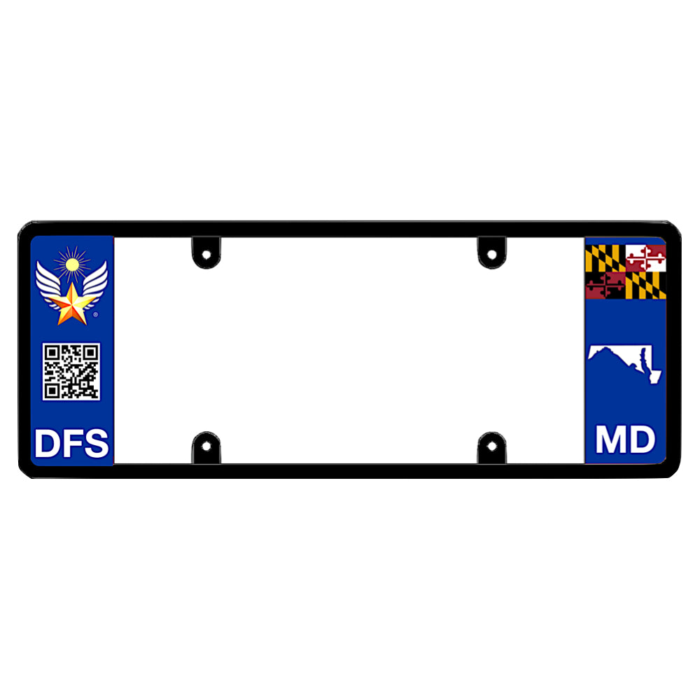 Maryland license plate frame by DFS featuring a patented elongated design with the official DFS logo, a scannable QR code, and DFS text on the left wing, alongside the Maryland state flag, MD text, and Maryland map outline on the right DFS the official license frame of America