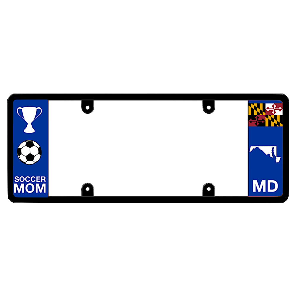 Maryland license plate frame by DFS featuring a patented elongated design with a soccer ball, trophy, and "SOCCER MOM" text on the left wing, alongside the Maryland state flag, MD text, and Maryland map outline on the right