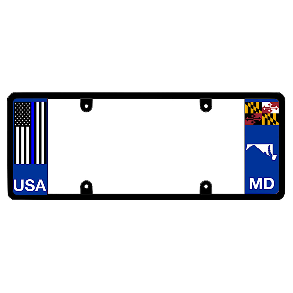 Maryland license plate frame by DFS featuring a patented elongated design with a thin blue line USA flag on the left wing, alongside the Maryland state flag, MD text, and Maryland map outline on the right