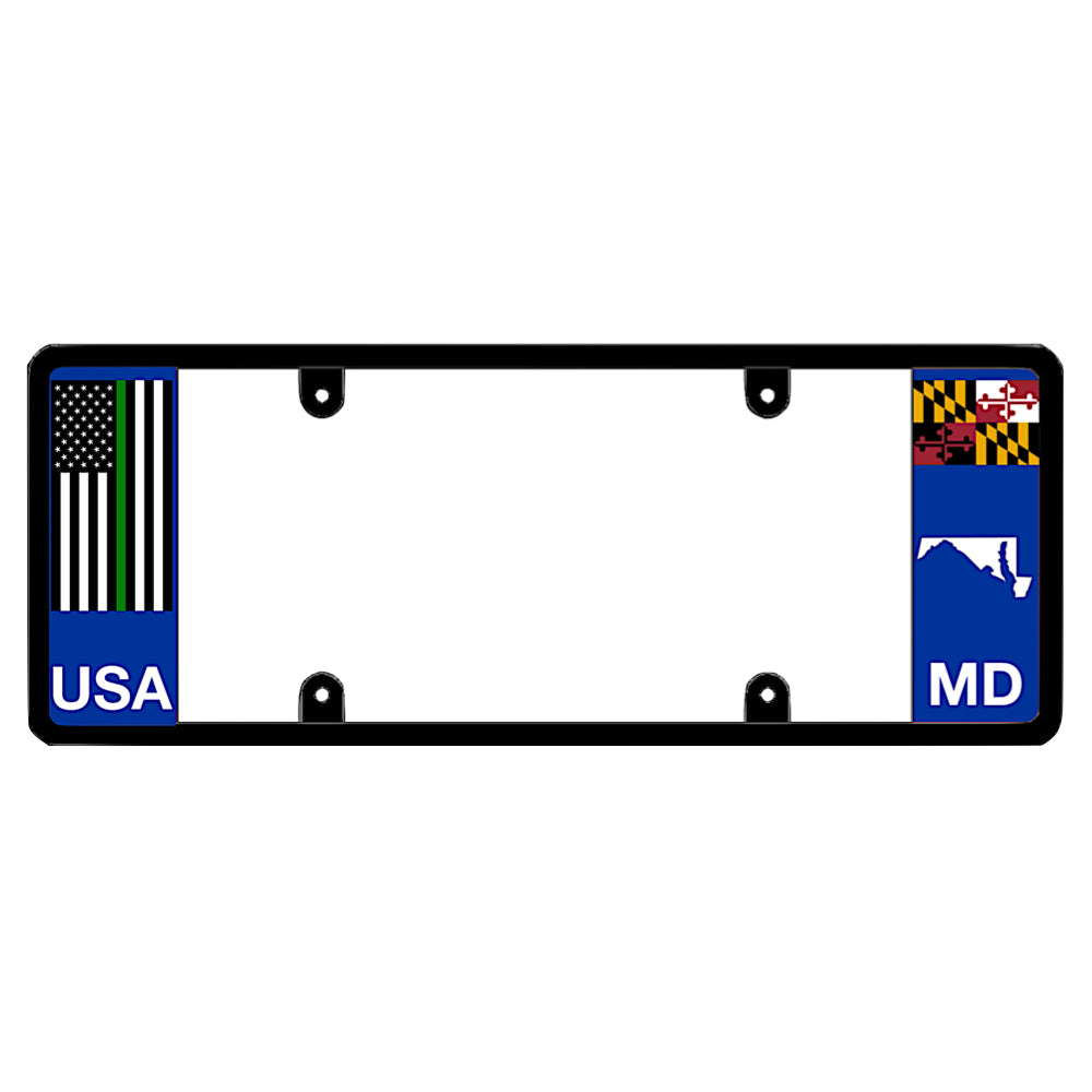 Maryland license plate frame by DFS featuring a patented elongated design with a thin green line USA flag on the left wing, alongside the Maryland state flag, MD text, and Maryland map outline on the right