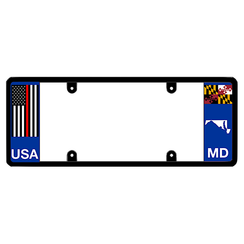 Maryland license plate frame by DFS featuring a patented elongated design with a thin red line USA flag on the left wing, alongside the Maryland state flag, MD text, and Maryland map outline on the right
