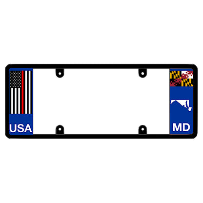 Maryland license plate frame by DFS featuring a patented elongated design with a thin red line USA flag on the left wing, alongside the Maryland state flag, MD text, and Maryland map outline on the right