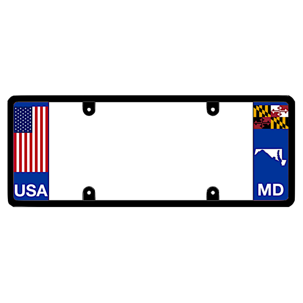 Maryland license plate frame by DFS featuring a patented elongated design with a traditional full-color American flag and USA text on the left wing, alongside the Maryland state flag, MD text, and Maryland map outline on the right
