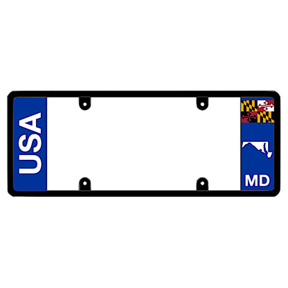 Maryland license plate frame by DFS featuring a patented elongated design with large vertical USA text on the blue left wing, alongside the Maryland state flag, MD text, and Maryland map outline on the right