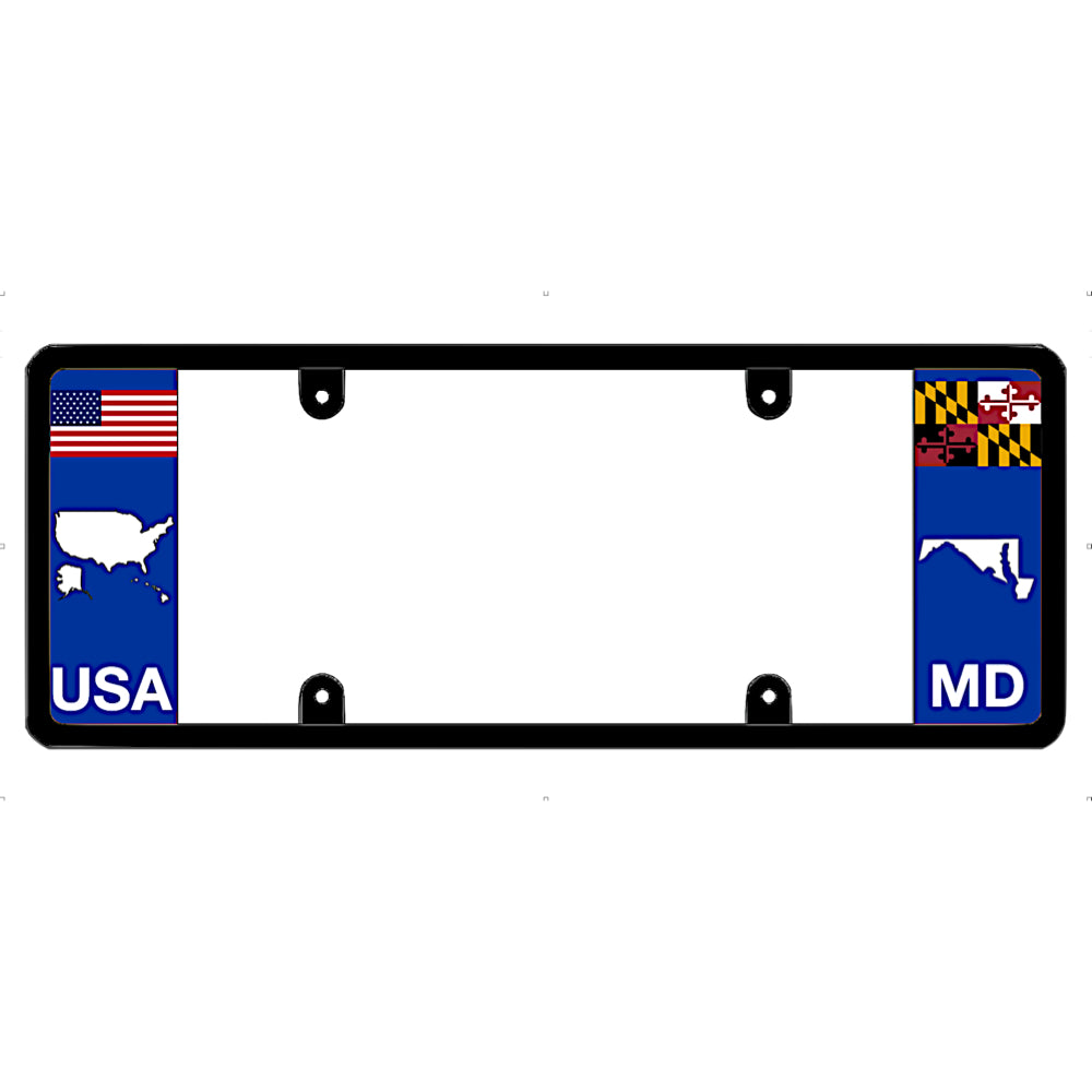 Black license plate frame with USA and Maryland flags on a white background