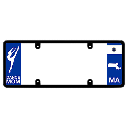 Black license plate frame featuring a blue left panel with a white dancer silhouette and DANCE MOM text. The blue right panel displays the Massachusetts state flag, a white state map outline, and white MA lettering