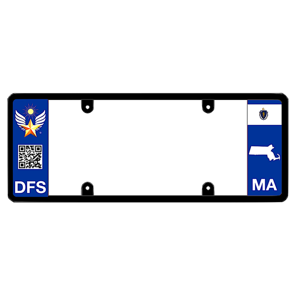 Black license plate frame featuring a blue left panel with DFS logo, a QR code, and white DFS lettering. The blue right panel displays the Massachusetts state flag, a white map outline, and white MA lettering