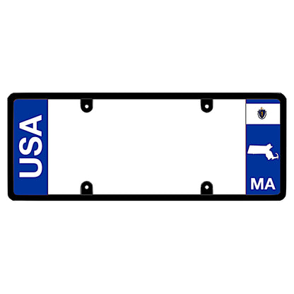 Black license plate frame featuring vertical white USA lettering on a solid blue panel on the left, and a Massachusetts state flag above a white map shape and MA lettering on the right