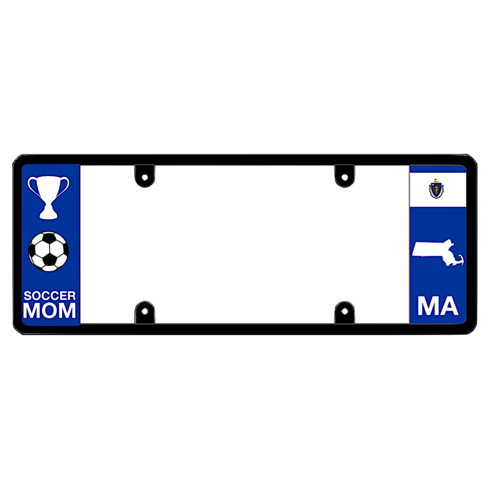 Black license plate frame featuring a blue left panel with a white trophy icon, a soccer ball icon, and SOCCER MOM text. The blue right panel displays the Massachusetts state flag, a white state map outline, and white MA lettering