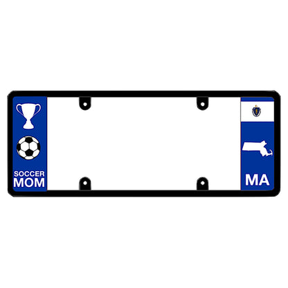 Black license plate frame featuring a blue left panel with a white trophy icon, a soccer ball icon, and SOCCER MOM text. The blue right panel displays the Massachusetts state flag, a white state map outline, and white MA lettering
