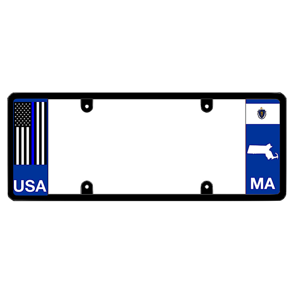 Police license plate frame featuring a blue left panel with a vertical Thin Blue Line USA flag and white USA lettering. The blue right panel displays the Massachusetts state flag, a white state map outline, and white MA lettering