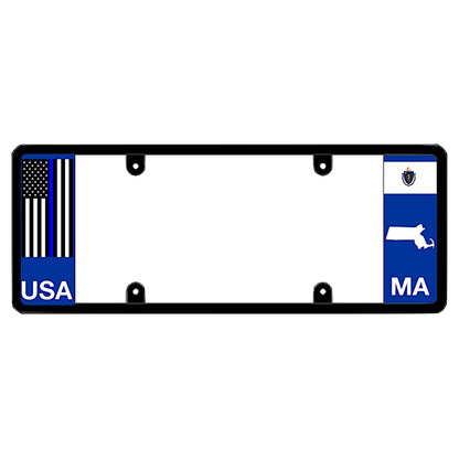 Police license plate frame featuring a blue left panel with a vertical Thin Blue Line USA flag and white USA lettering. The blue right panel displays the Massachusetts state flag, a white state map outline, and white MA lettering