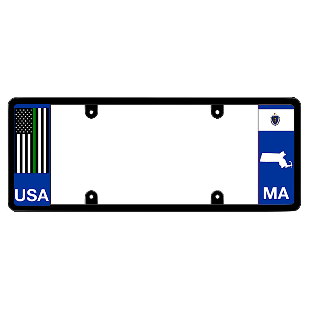 Military license plate frame featuring a blue left panel with a vertical Thin Green Line USA flag and white USA lettering. The blue right panel displays the Massachusetts state flag, a white state map outline, and white MA lettering