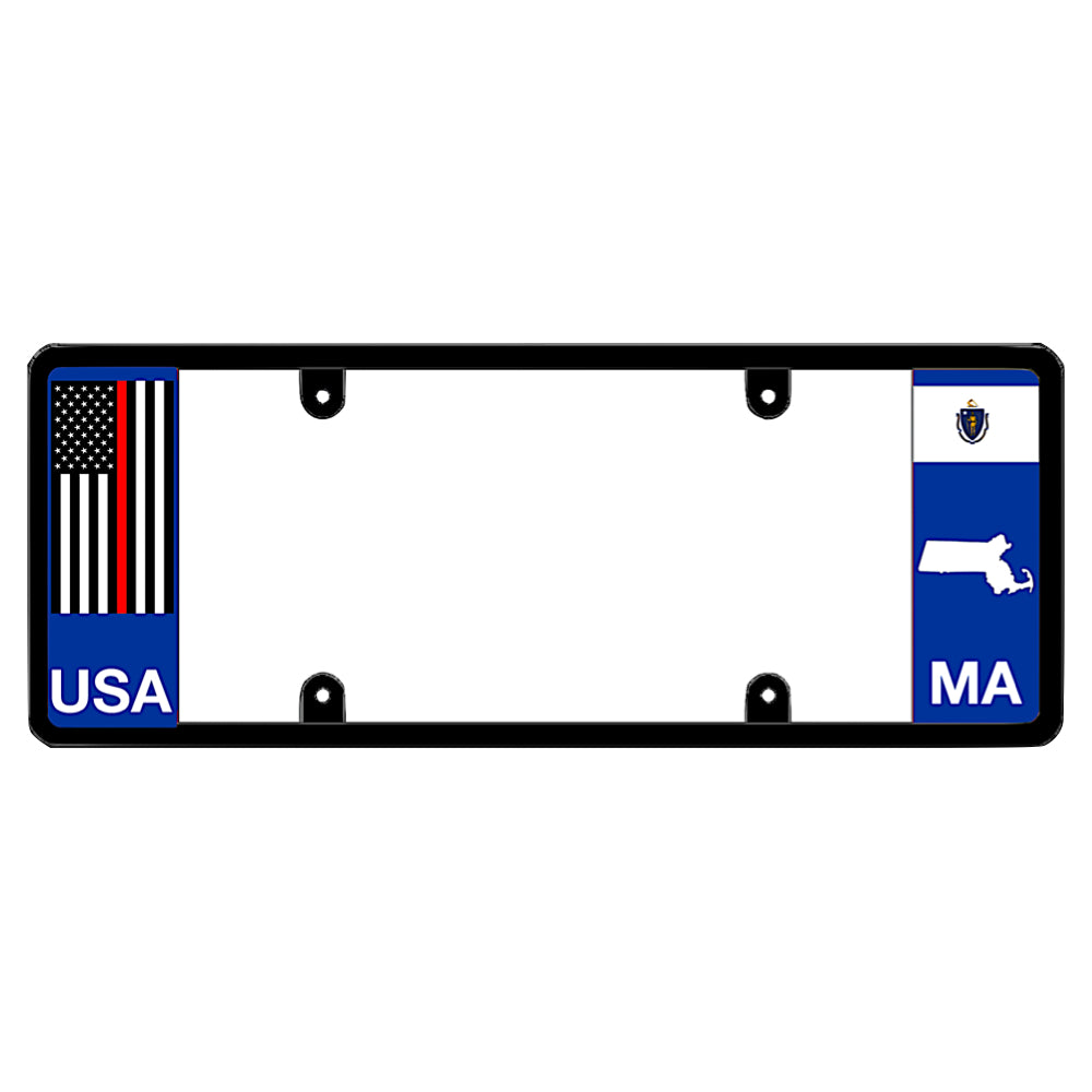 Firefighter license plate frame featuring a blue left panel with a vertical Thin Red Line USA flag and white USA lettering. The blue right panel displays the Massachusetts state flag, a white state map outline, and white MA lettering